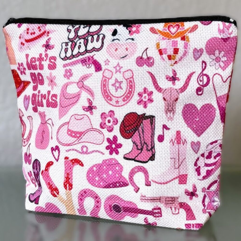 Cute Pink Cowgirl Girly Western Pouch Makeup Cosmetics Toiletries Travel Bag New
